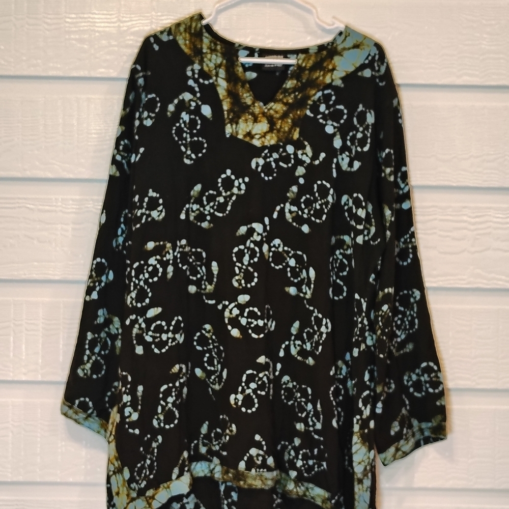 SAKAAS CALLIE ANCHOR TUNIC BLOUSE 3X BLACK BLUE ANCHOR 100% VISCOSE LONG SLEEVE